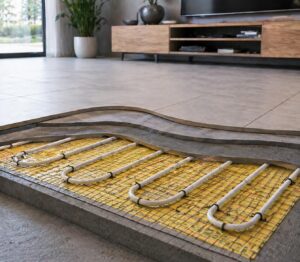 Droogbouw vloerverwarming systeem met isolatieplaten en verwarmingsbuizen voor comfort en energiebesparing
